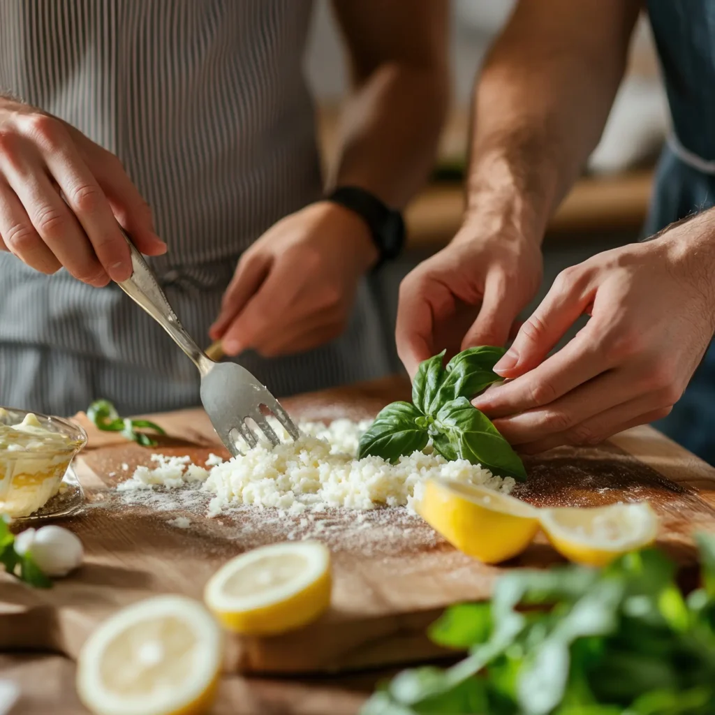 margherita-cooking-class-temp-4 Parmigiano, basilico e limone sul tavolo insieme agli allievi durante la Nonna Margherita Cooking Class